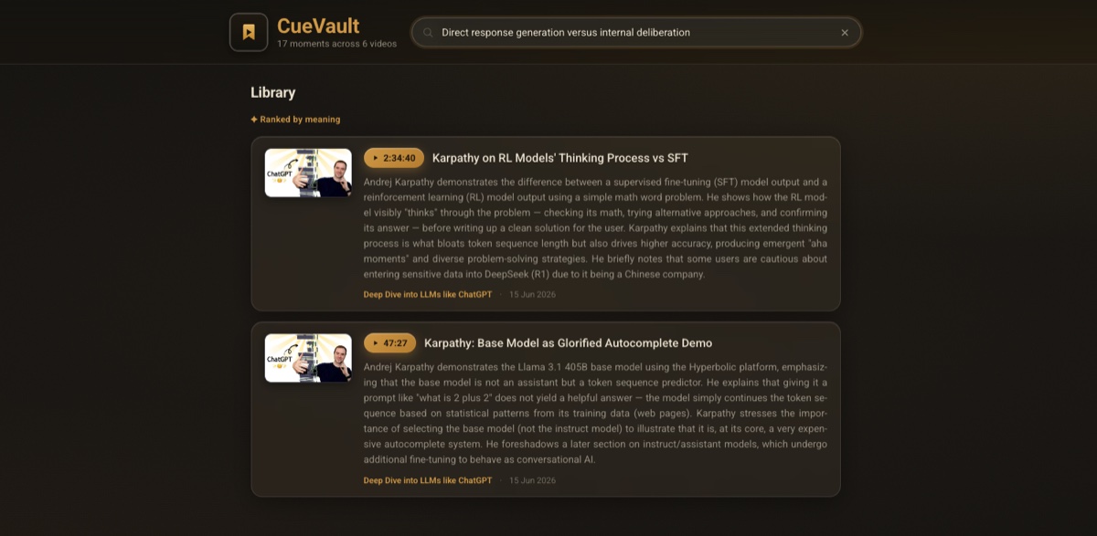 CueVault library — AI-titled YouTube moments with search by meaning